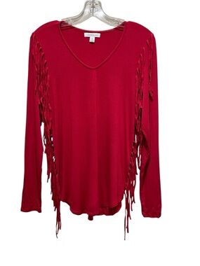 John Paul Richard Fringe Top Red Women Size Small Long Sleeve V Neck Stretch Top